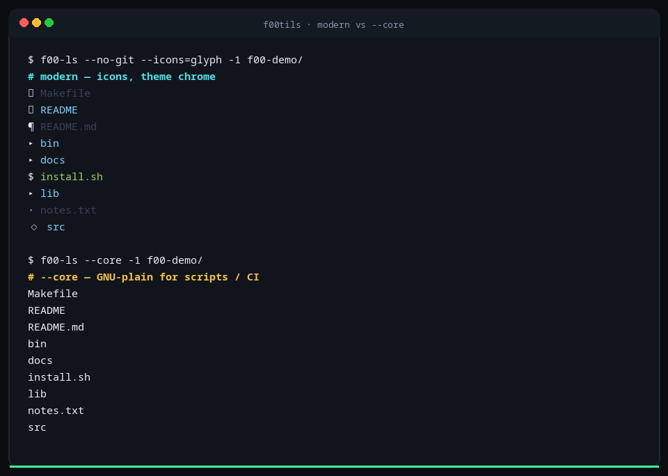 Modern default vs --core side by side