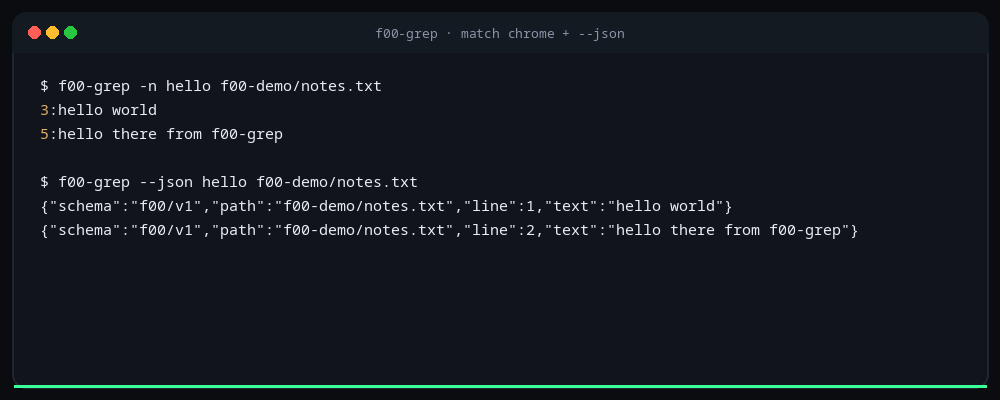 f00-grep match highlight and JSON output