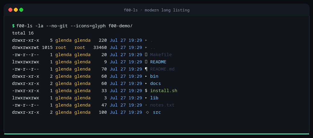 f00-ls long listing with glyph icons and theme colors
