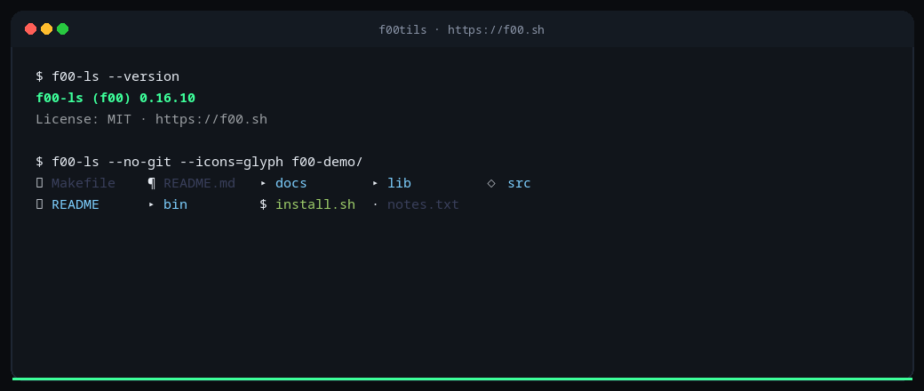 f00tils 0.16.10 version and modern f00-ls with glyph icons in a color terminal